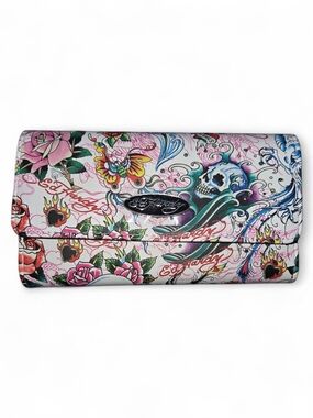Ed Hardy Pink Floral & Skull Tattoo-Print Clutch - NWOT
